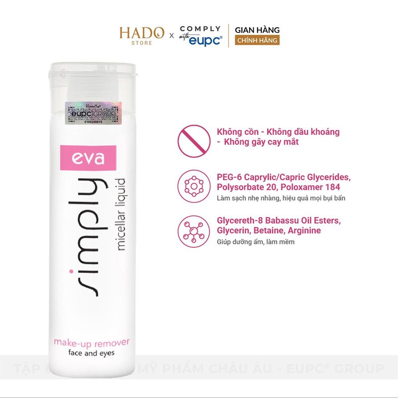 Nước tẩy trang Micellar mặt và mắt không cồn Eva Simply 200ml