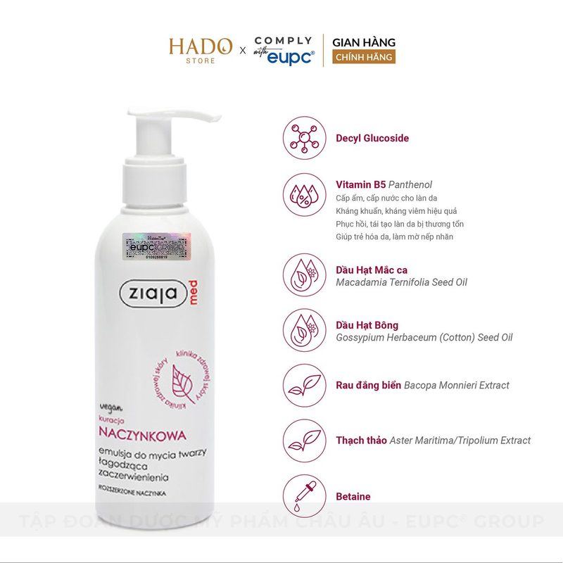 Nhũ rửa mặt làm dịu da mẩn đỏ Ziaja Med Kuracja Naczynkowa 200ml